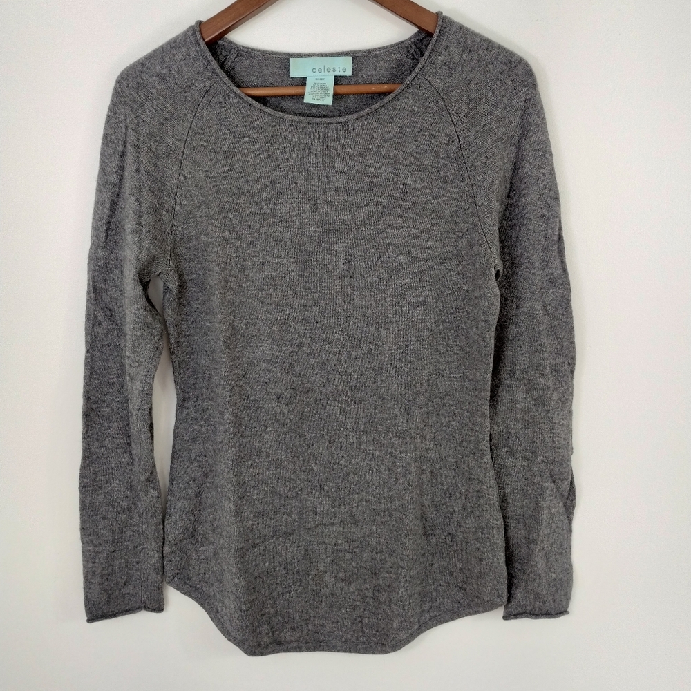 CELESTE Gray Wool Cashmere Raglan Sweater Curved Hem M Minimalist Quiet Luxury